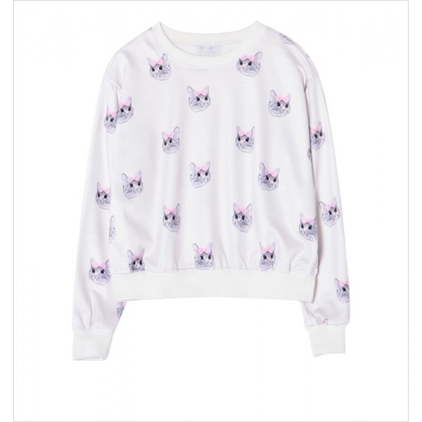 White Pink Bow Cats Cartoon Harajuku Funky Long Sleeve Sweatshirts Tops